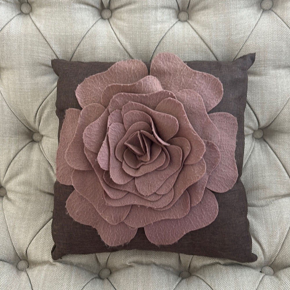 Brown linen pillow with gorgeous felt flower detail